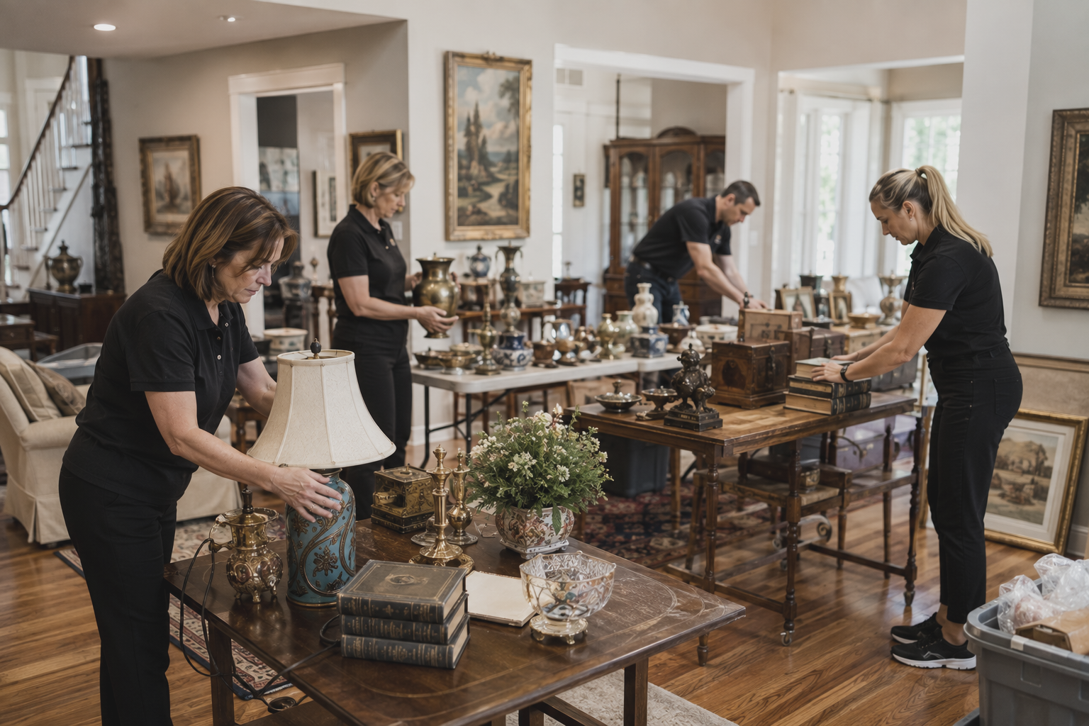 Four people arranging decorative items on tables in a bright living room