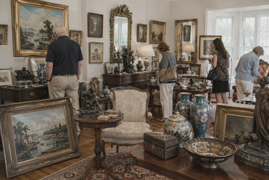 Antique shop with framed paintings, ornate decor, and several people browsing among decorative items.