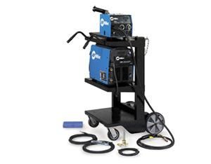 A blue Miller welding machine stacked on a mobile black metal cart with various cables and welding accessories.