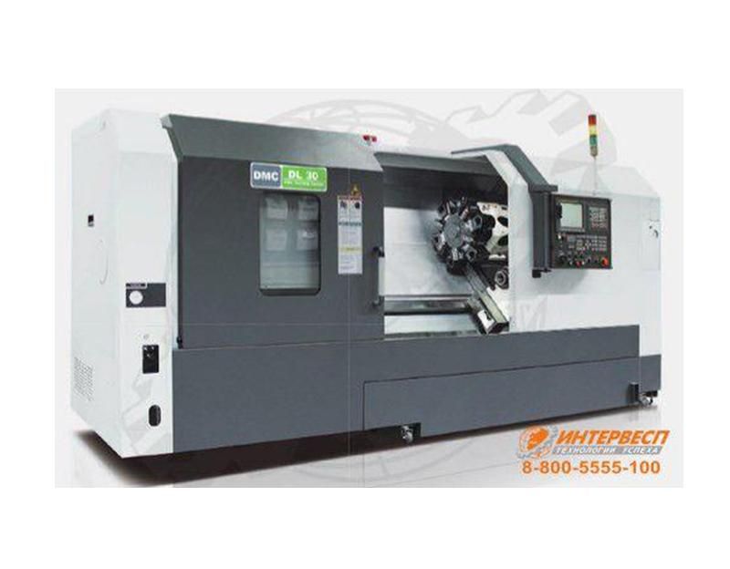 A white and dark gray DN Solutions CNC lathe machine, viewed from the front, with a control panel and tool turret.