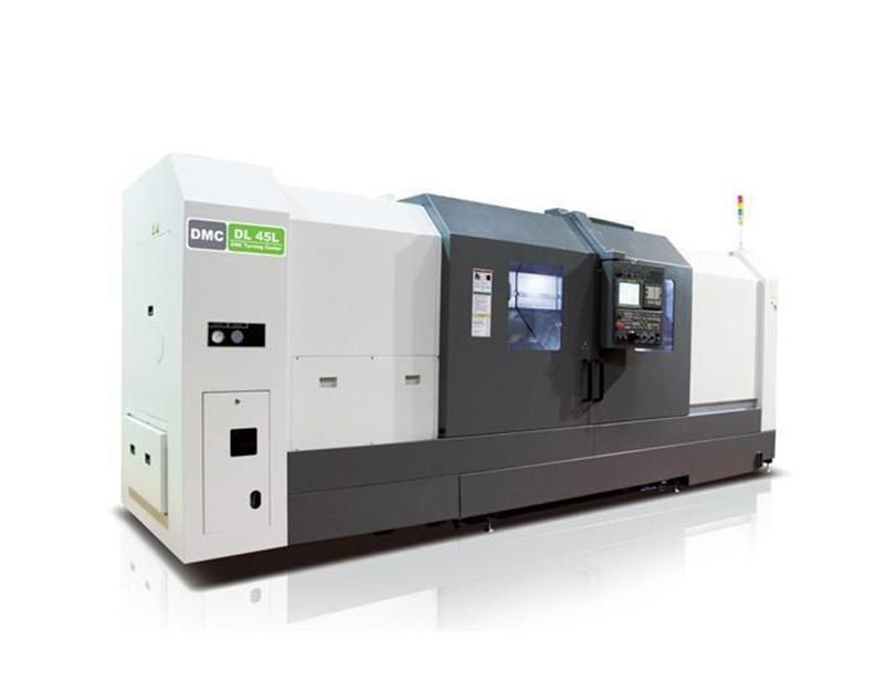 A large, white and dark gray industrial CNC lathe machine on a white background.