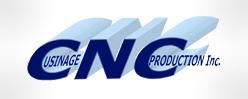 Logo pour Usinage CNC Production Inc., présentant de grandes lettres bleues à effet 3D « CNC » avec le nom complet de l'entreprise sur fond blanc.