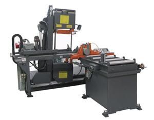 An industrial heavy-duty metal band saw machine with a roller feed table and grey and orange components.