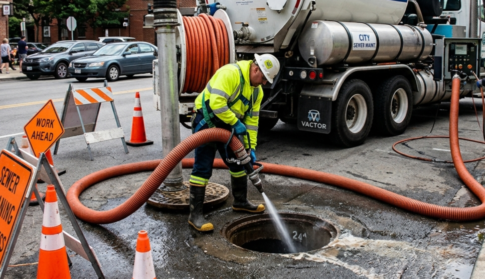 A worker in a high-visibility jacket uses a high-pressure hose to clean a street manhole next to a utility truck.