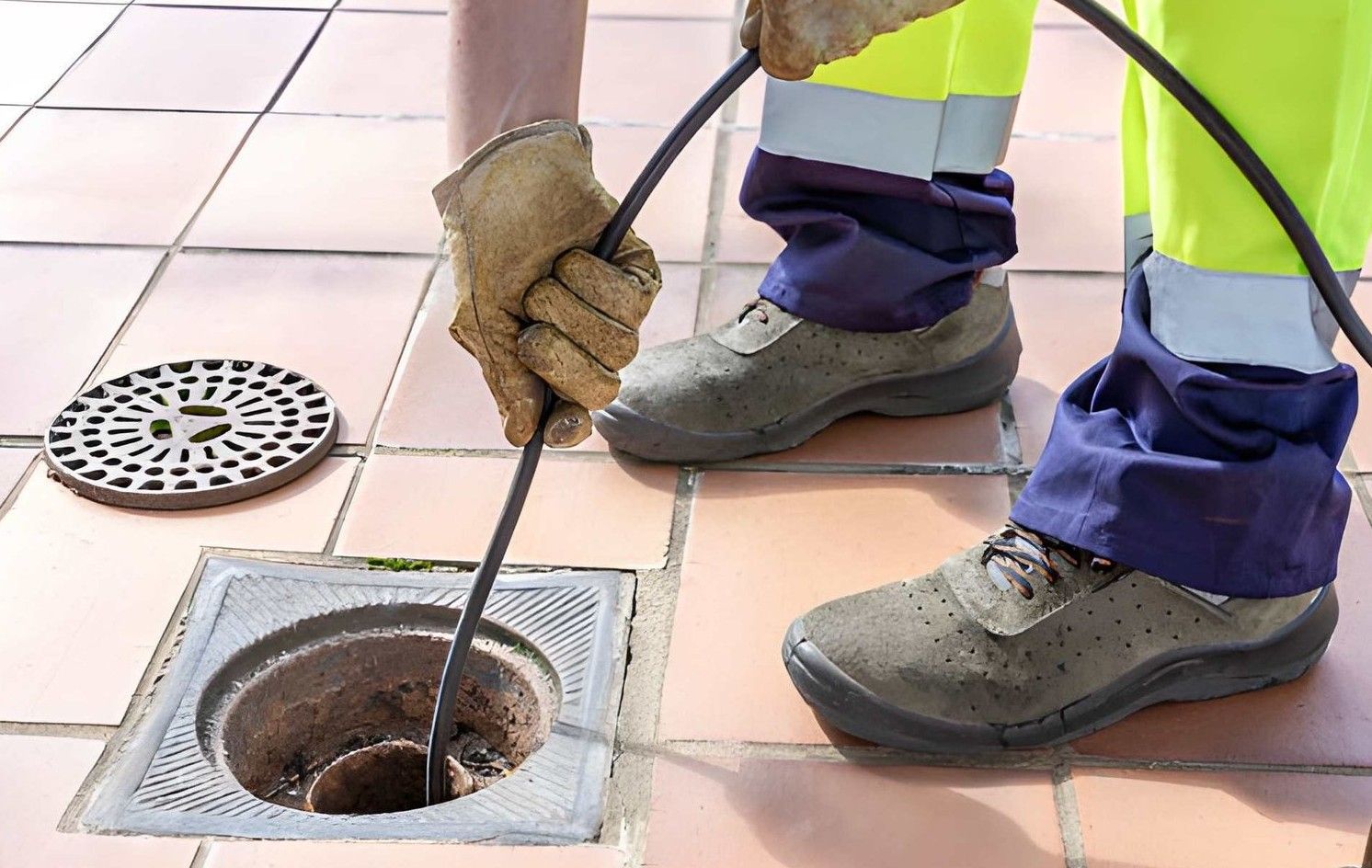 A worker in red gloves uses a high-pressure hose to clean a concrete structure in an excavated dirt pit.