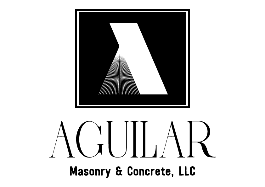 Logo for Aguilar Masonry & Concrete, LLC featuring a stylized white 'A' with a lined gradient on a black square background.