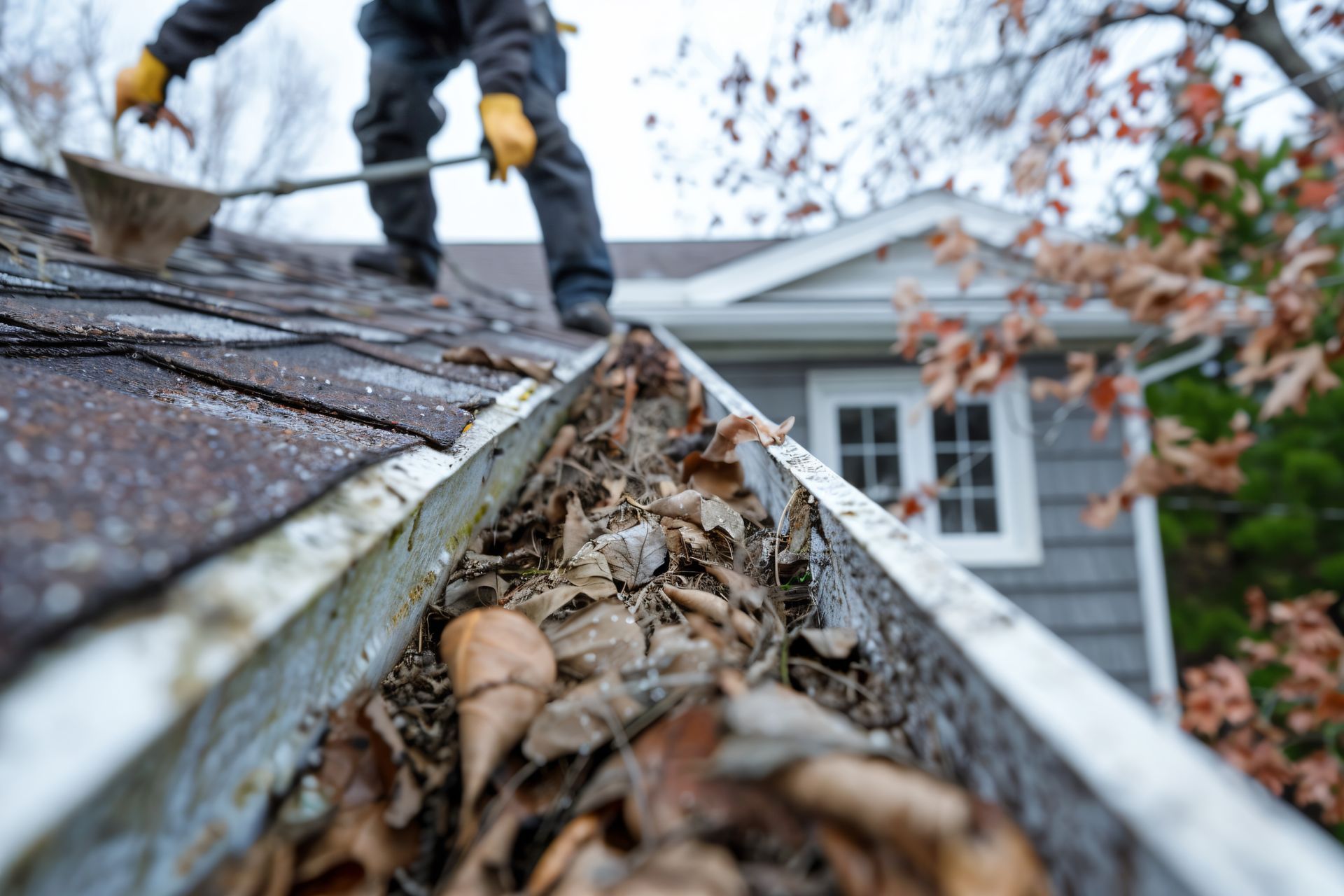 A man is cleaning a gutter on the roof of a house with a shovel.