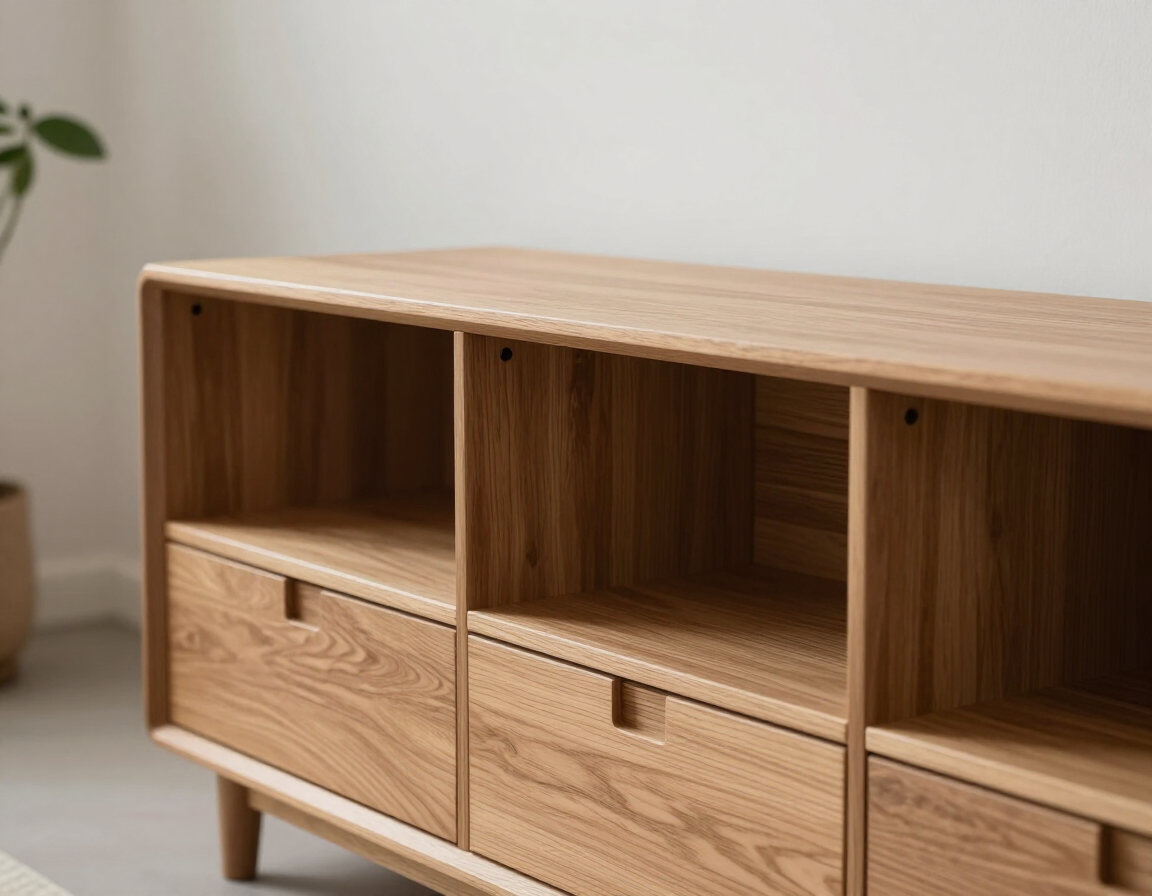 Armario bajo de madera con estantes abiertos y cajones en una habitación luminosa.
