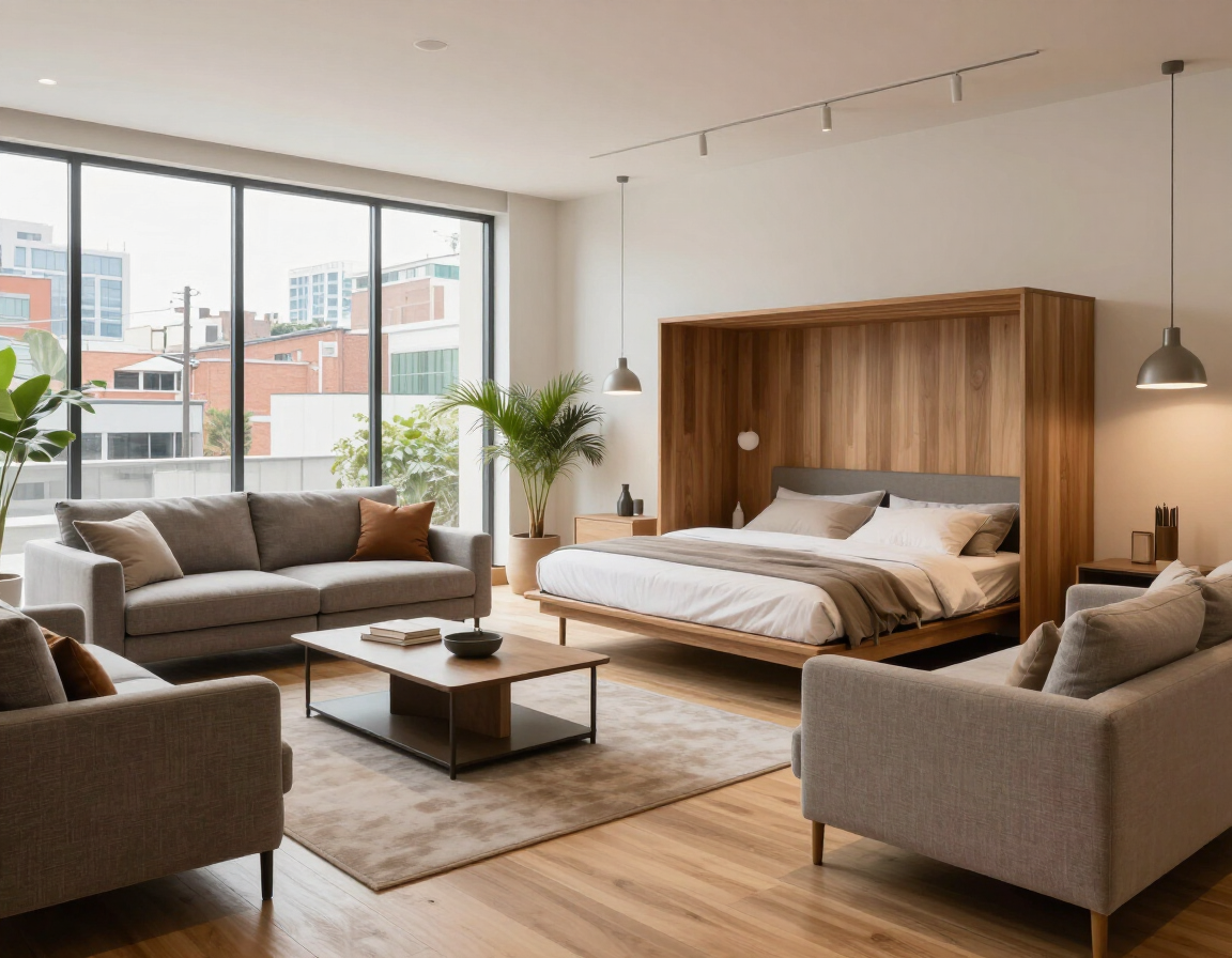 Apartamento tipo estudio moderno con grandes ventanales, cama de madera, sofás grises y una mesa de centro en una luminosa sala de estar.