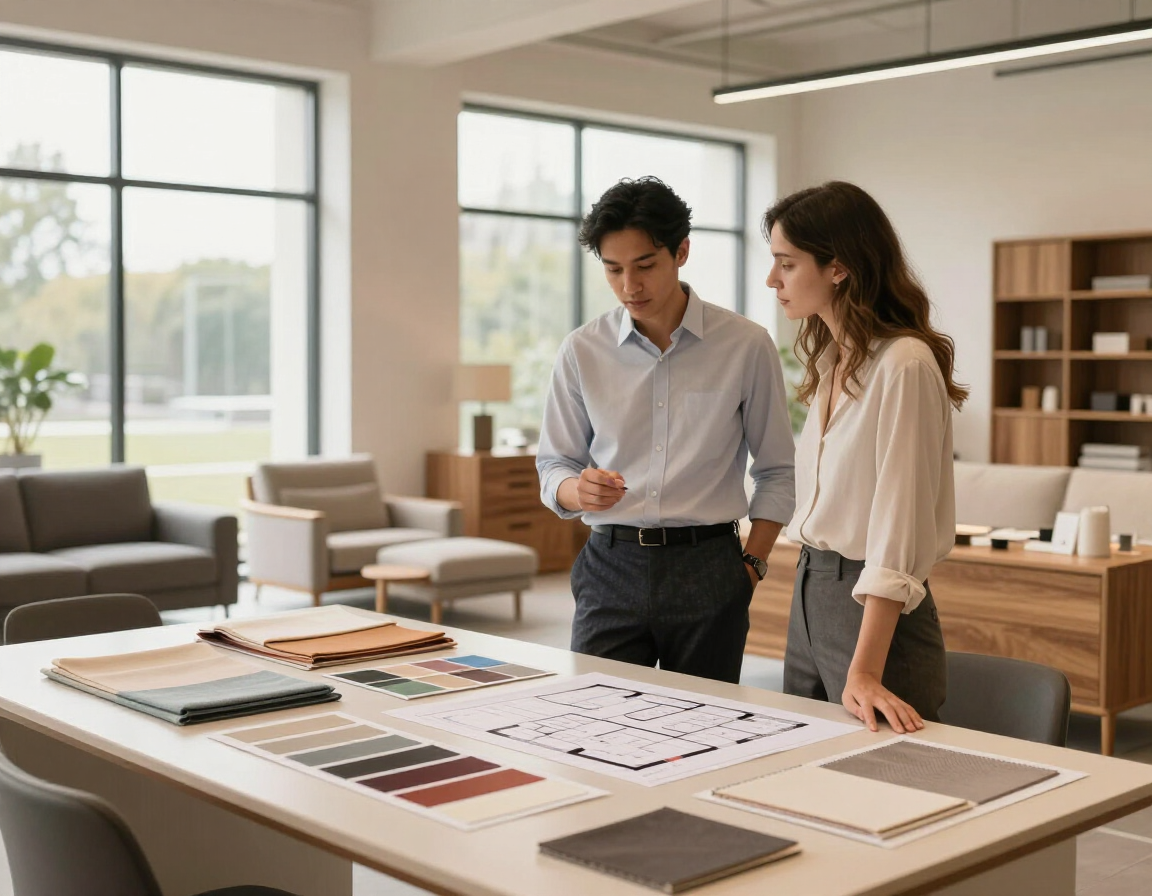 Dos personas examinando muestras de tela sobre una mesa en un luminoso estudio de diseño.