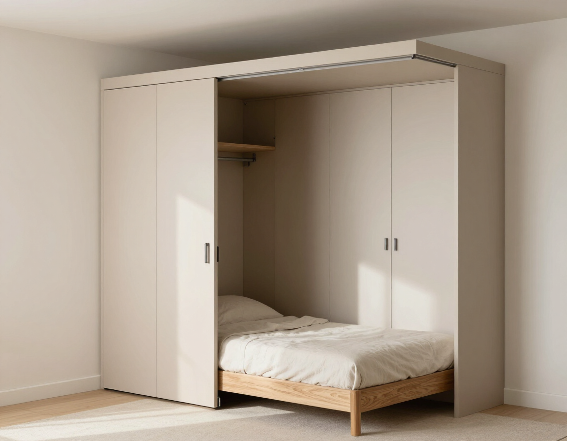 Armario empotrado blanco y cama plegable en un dormitorio luminoso y minimalista.