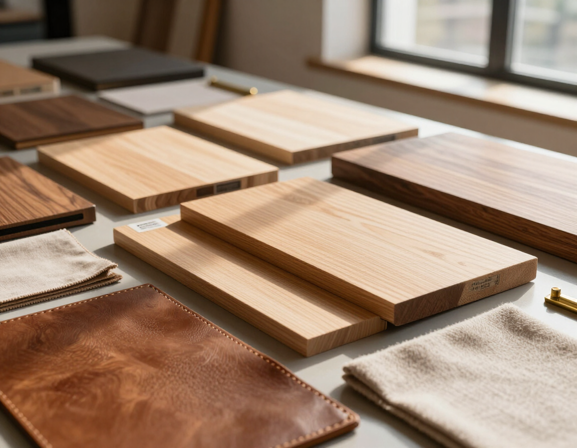 Muestras de materiales de madera y cuero dispuestas sobre una mesa cerca de una ventana.