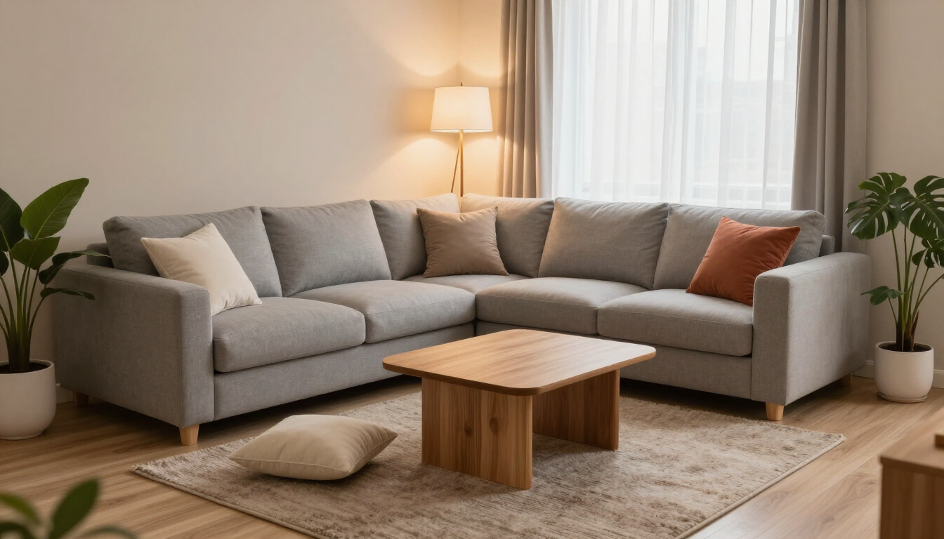 Acogedora sala de estar con un sofá modular gris, una mesa de centro de madera, una alfombra, una lámpara y plantas en macetas junto a la ventana.