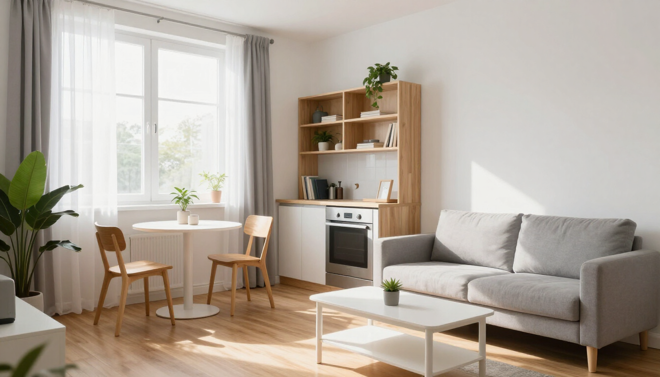 Luminoso salón con sofá, mesa de centro, rincón de comedor y plantas de interior junto a una ventana soleada.