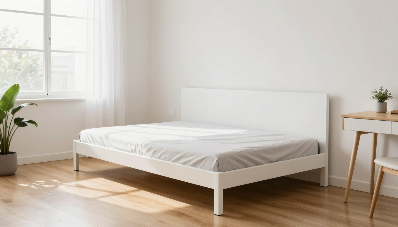 Dormitorio minimalista blanco con cama baja, ventana soleada, planta y mesita de noche de madera.