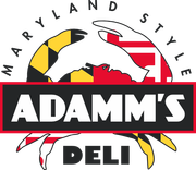 ADAMM'S Deli logo with bold black text on a black bar over a crab graphic with the Maryland flag logo colors filled inside
