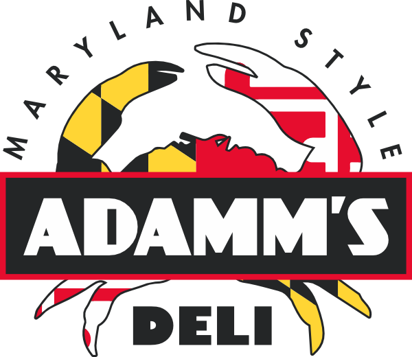 ADAMM'S Deli logo with bold black text on a black bar over a crab graphic with the Maryland flag logo colors filled inside