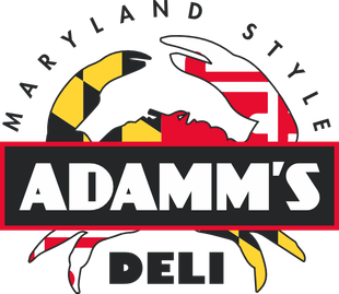 Adamm’s Deli logo with a Maryland-style crab flag inside graphic and red-black-white design