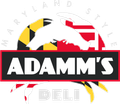 ADAMM'S Deli logo with bold white text on a black bar over a crab graphic with the Maryland flag logo colors filled inside