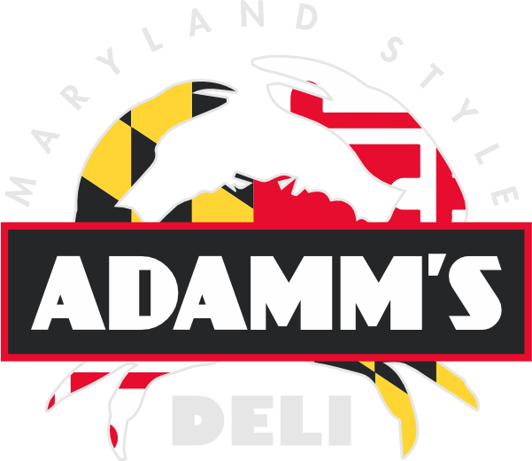 ADAMM'S Deli logo with bold white text on a black bar over a crab graphic with the Maryland flag logo colors filled inside