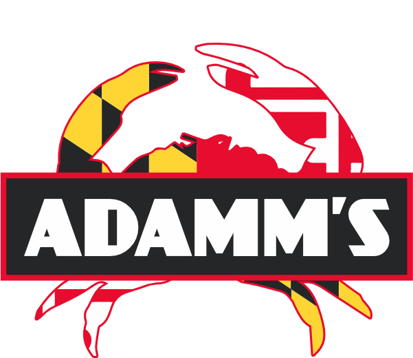 Adamm's Deli logo in bold white text on a black banner over a graphic of a crab with the Maryland flag colors inside
