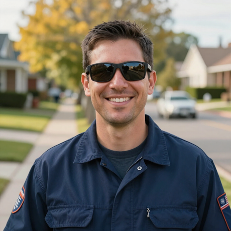 Smiling septic tank pumping professional in sunglasses and navy work shirt standing in a suburban neighborhood