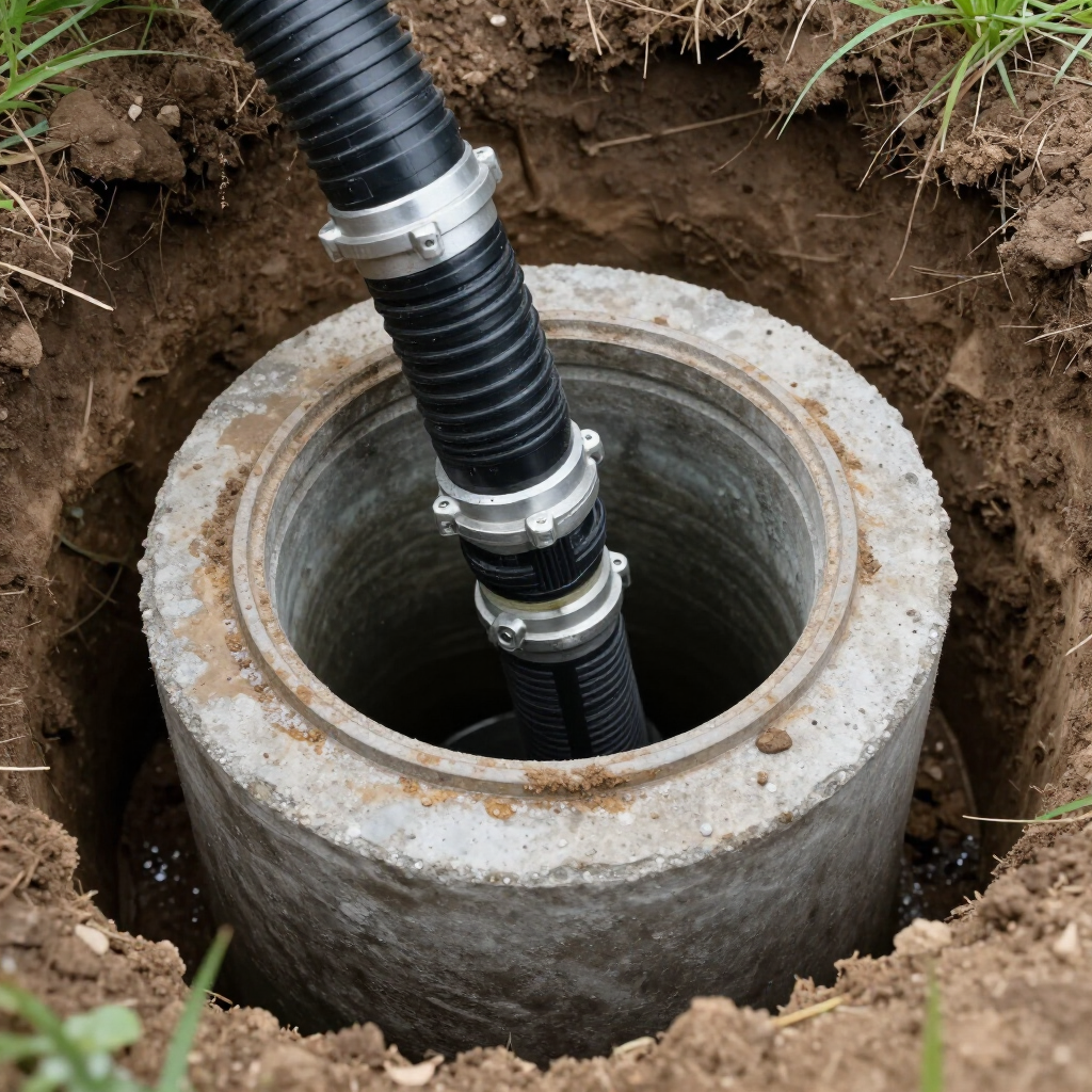 Black corrugated pipe entering a residential septic tank