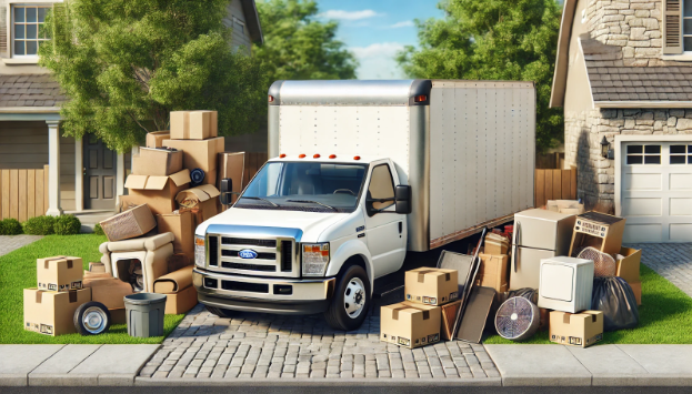 A moving truck is parked in front of a house filled with boxes.