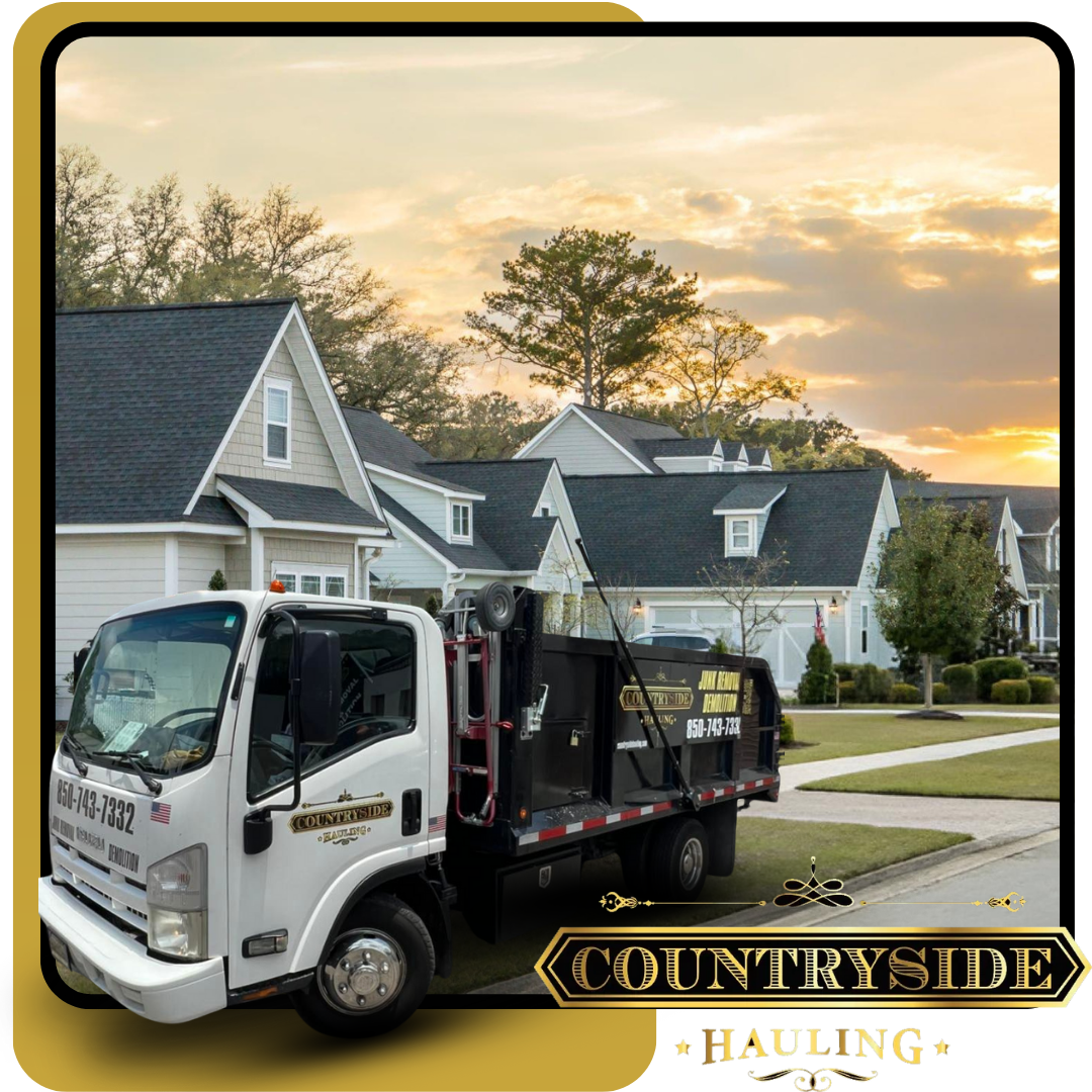 A dump truck is parked in front of a house.