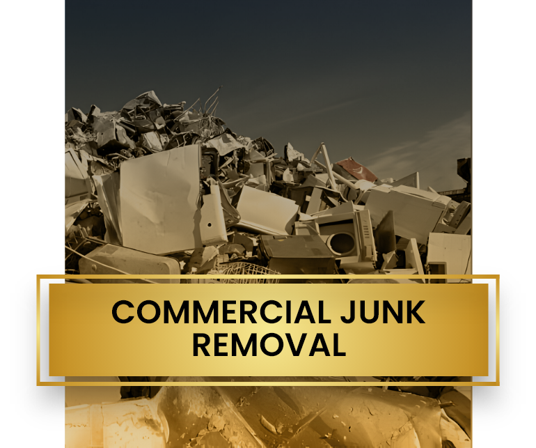A pile of junk with a sign that says commercial junk removal.