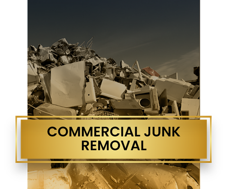 A pile of junk with a sign that says commercial junk removal.
