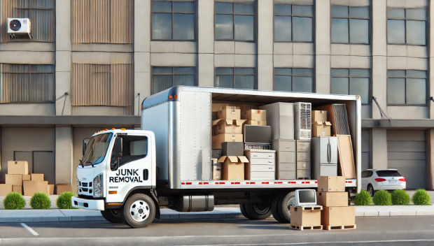 A moving truck filled with boxes is parked in front of a building.