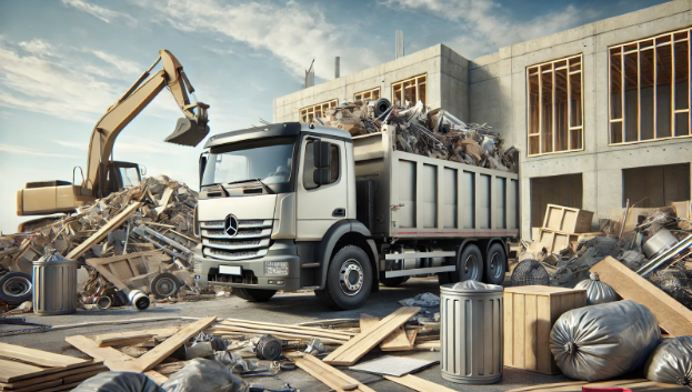 A dump truck is driving through a construction site.