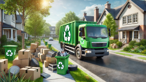 A green garbage truck is driving down a residential street.
