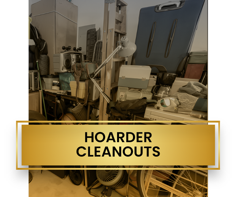 A room filled with lots of junk and a sign that says hoarder cleanouts.