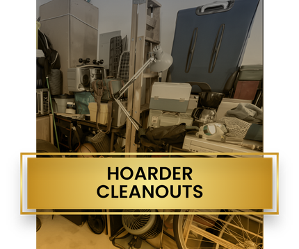 A room filled with lots of junk and a sign that says hoarder cleanouts.