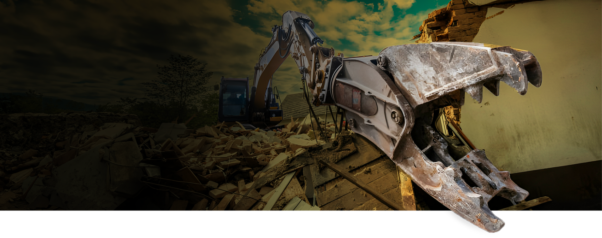 A white truck is parked in front of a house being demolished.