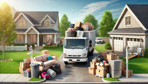 A moving truck is parked in front of a house filled with boxes.