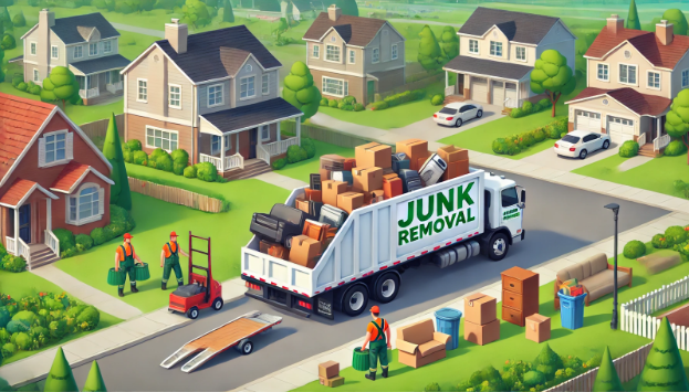 A junk removal truck is driving down a residential street.