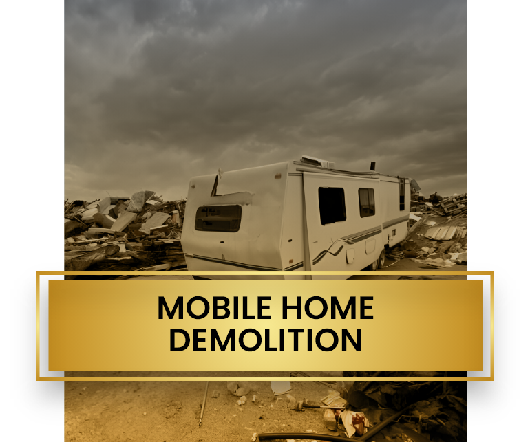 A mobile home is sitting in the middle of a pile of trash.
