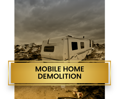 A mobile home is sitting in the middle of a pile of trash.