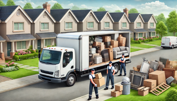 A moving truck full of boxes is parked in front of a row of houses.