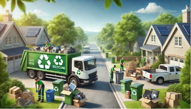 A recycling truck is driving down a residential street.