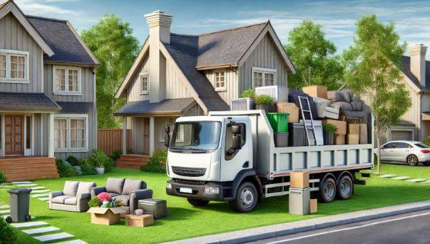 A moving truck is parked in front of a house filled with furniture.
