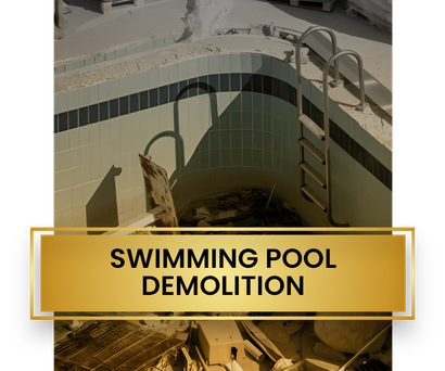 A swimming pool is being demolished with a sign that says swimming pool demolition
