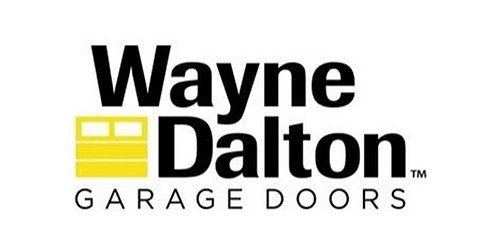 Wayne Dalton garage doors logo with black text and yellow door icon