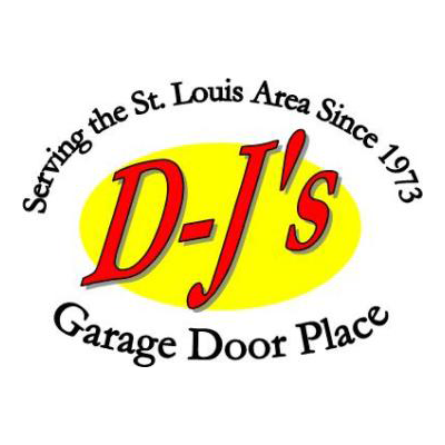 D-J’s Garage Door Place logo with yellow oval, red lettering, and “Serving the St. Louis Area Since 1973” text