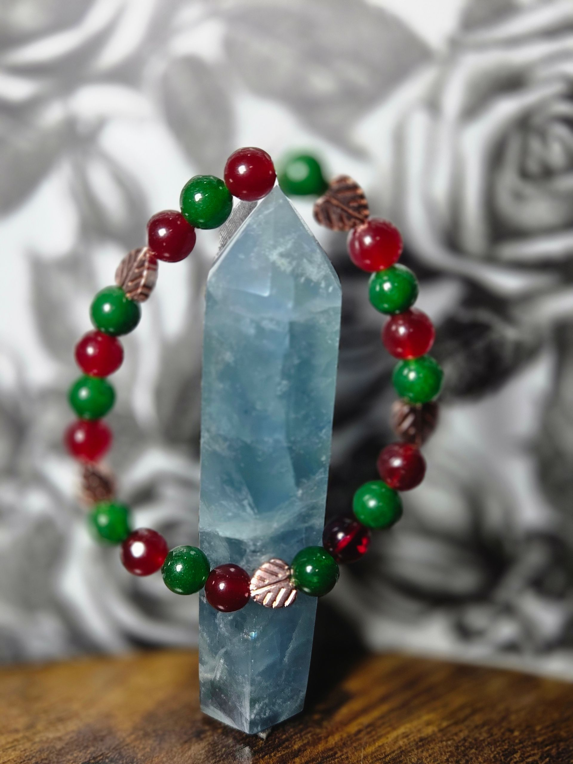 Rose Gold Hematite Leaf, Ruby Jade, and Seaweed Jade
