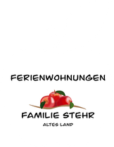 Logo for Ferienwohnungen Familie Stehr, with red apples and “Altes Land” text