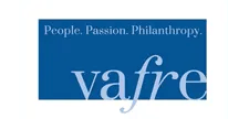 The vafre logo is blue and white and says people , passion , philanthropy.